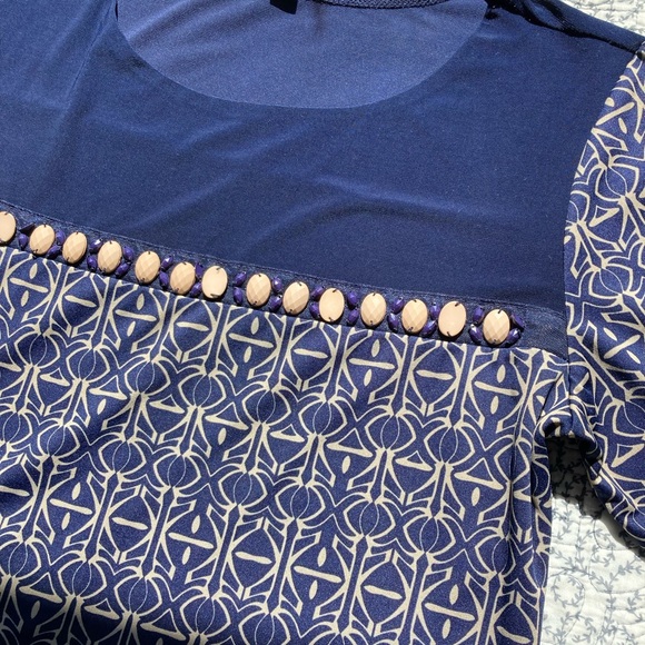 PerSeption Concept Navy Geometric Midi Dress L | Stretchy Short Sleeve - Picture 6 of 8